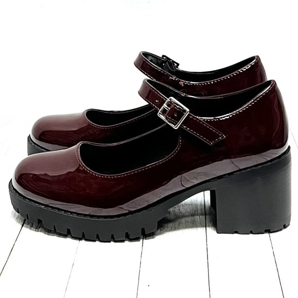 New Women Burgundy Patent Platform Mary Jane Pumps Ballet Flats - Picture 3 of 7